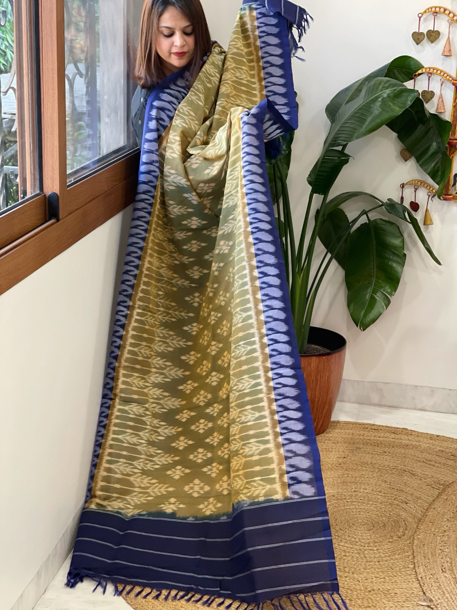 Green, Blue Handwoven Ikat Dupatta in Cotton - Masakalee