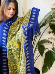 Green, Blue Handwoven Ikat Dupatta in Cotton - Masakalee