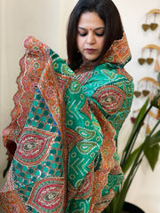 Green Chinon Dupatta with Aari Embroidery - Masakalee