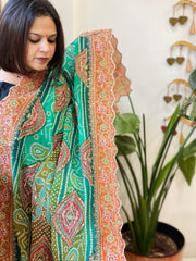 Green Chinon Dupatta with Aari Embroidery - Masakalee