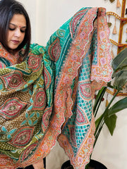Green Chinon Dupatta with Aari Embroidery - Masakalee