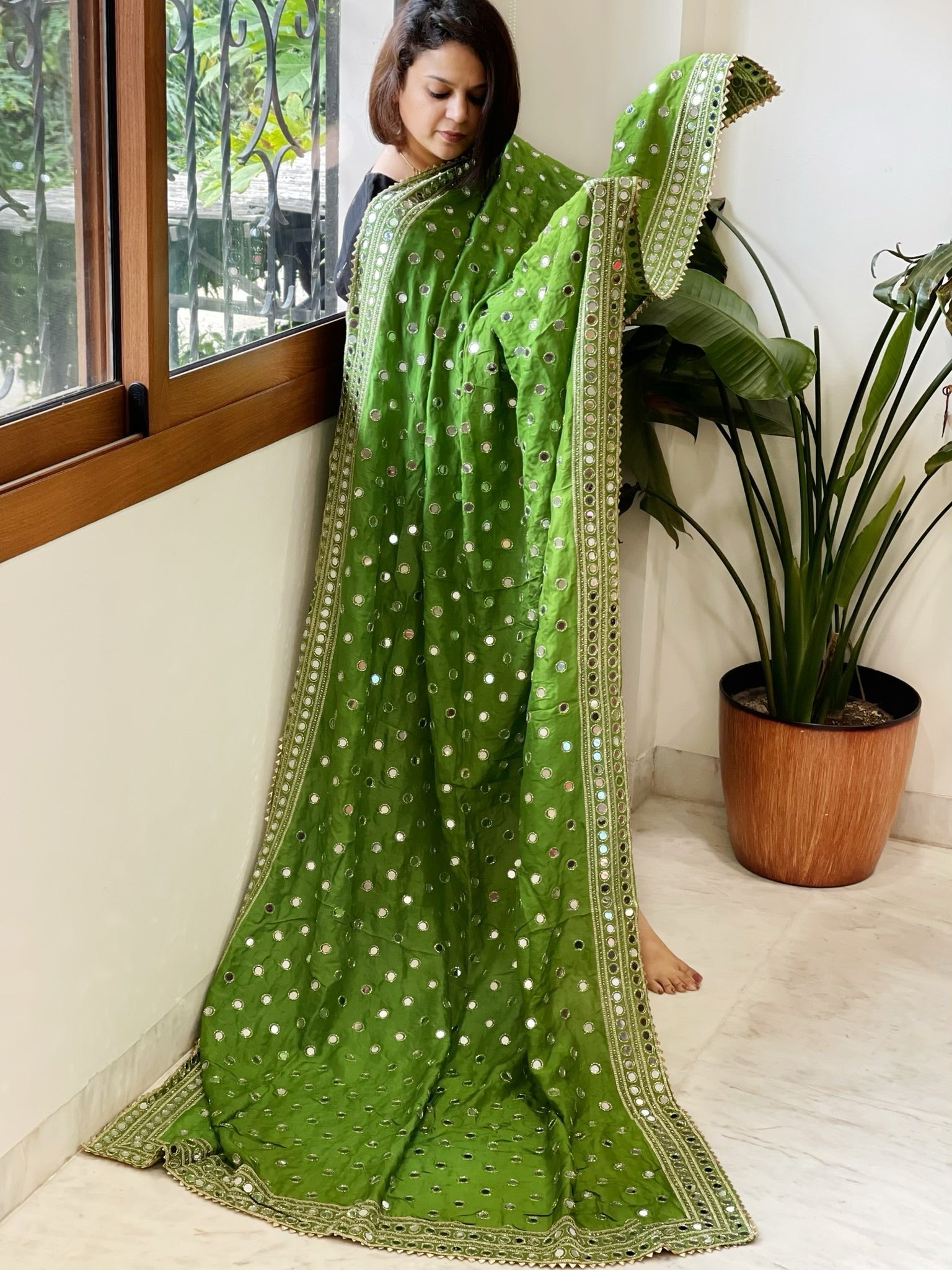 Green Crepe Dupatta with Mirror and Cut Daana Work with Gota Lace Border - Masakalee