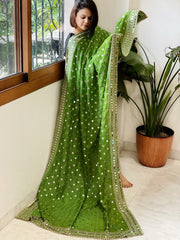 Green Crepe Dupatta with Mirror and Cut Daana Work with Gota Lace Border - Masakalee