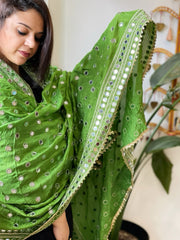 Green Crepe Dupatta with Mirror and Cut Daana Work with Gota Lace Border - Masakalee