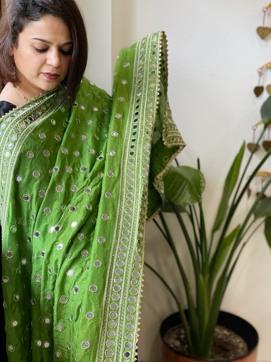 Green Crepe Dupatta with Mirror and Cut Daana Work with Gota Lace Border - Masakalee