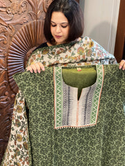 Green Dupatta Set (Kurta+Dupatta) with Handblock Print in Pure Tussar Silk - Masakalee