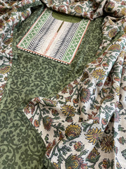 Green Dupatta Set (Kurta+Dupatta) with Handblock Print in Pure Tussar Silk - Masakalee