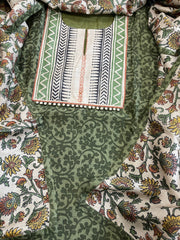 Green Dupatta Set (Kurta+Dupatta) with Handblock Print in Pure Tussar Silk - Masakalee