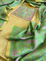 Green Dupatta Set (Kurta+Dupatta) with Handblock Print in Pure Tussar Silk - Masakalee