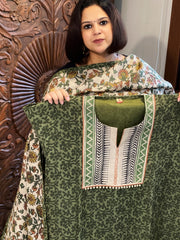 Green Dupatta Set (Kurta+Dupatta) with Handblock Print in Pure Tussar Silk - Masakalee