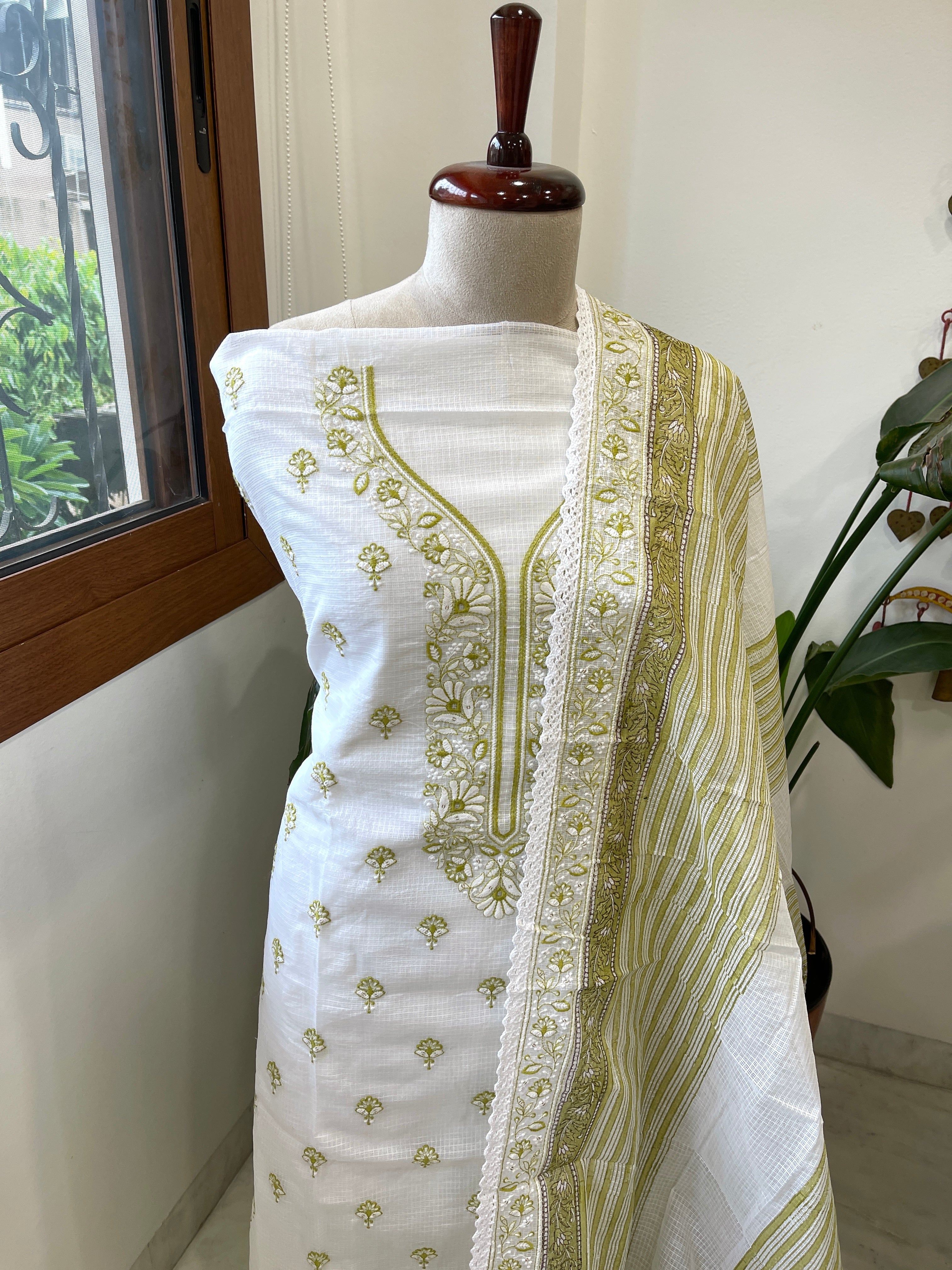 Green Handblock Printed Embroidered Suit Set in Kota Cotton - Masakalee
