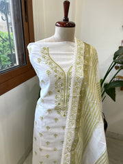 Green Handblock Printed Embroidered Suit Set in Kota Cotton - Masakalee