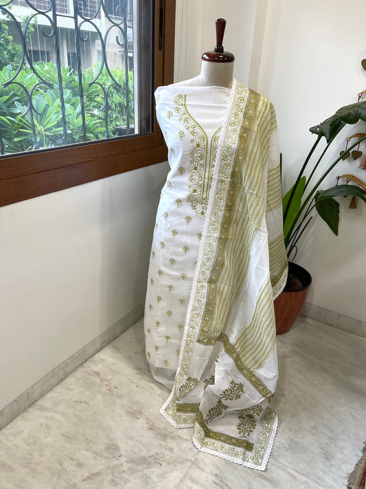Green Handblock Printed Embroidered Suit Set in Kota Cotton - Masakalee