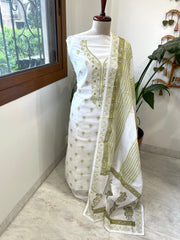 Green Handblock Printed Embroidered Suit Set in Kota Cotton - Masakalee