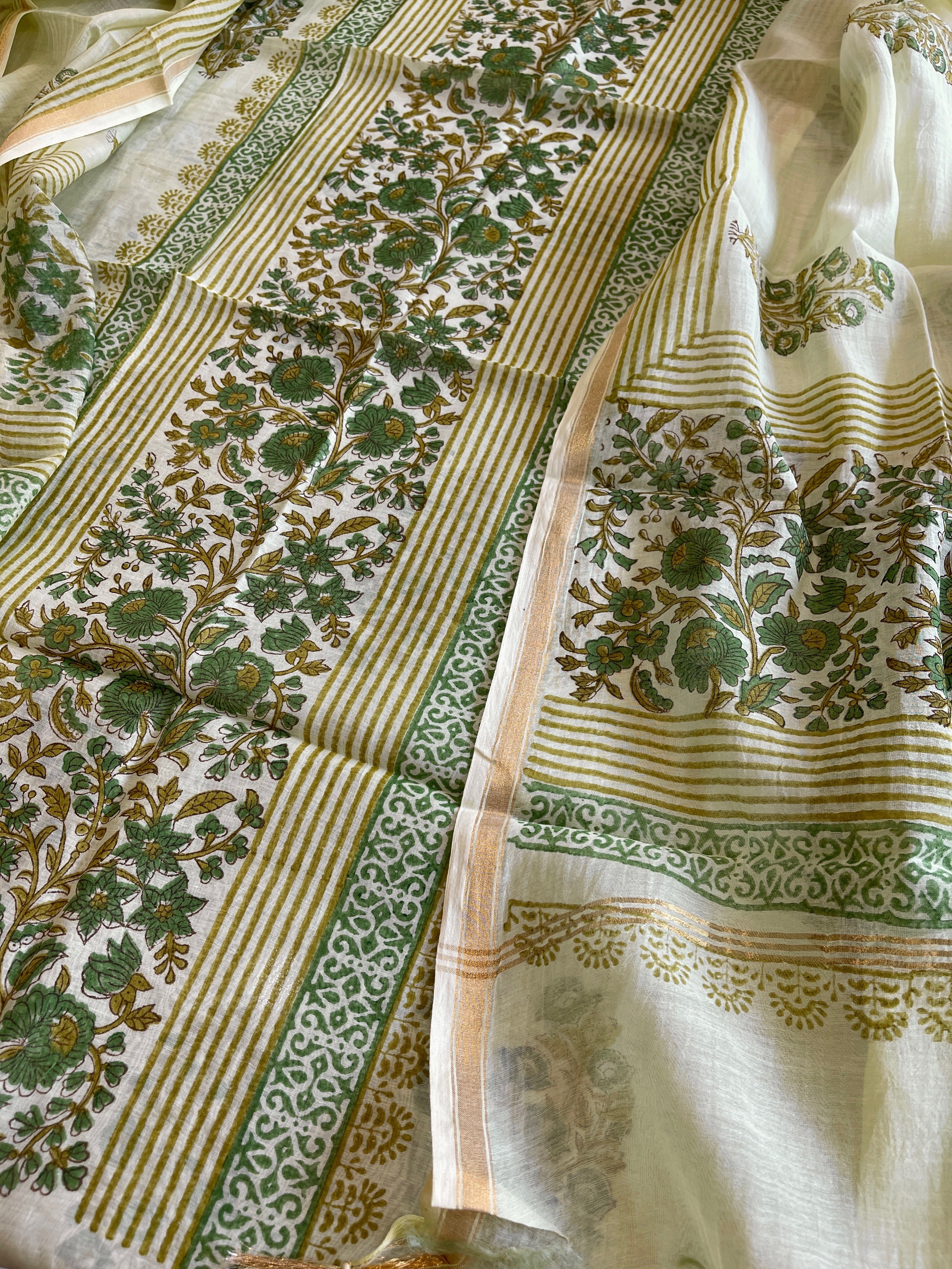 Green Handblock Printed Suit Set in Mul Cotton - Masakalee