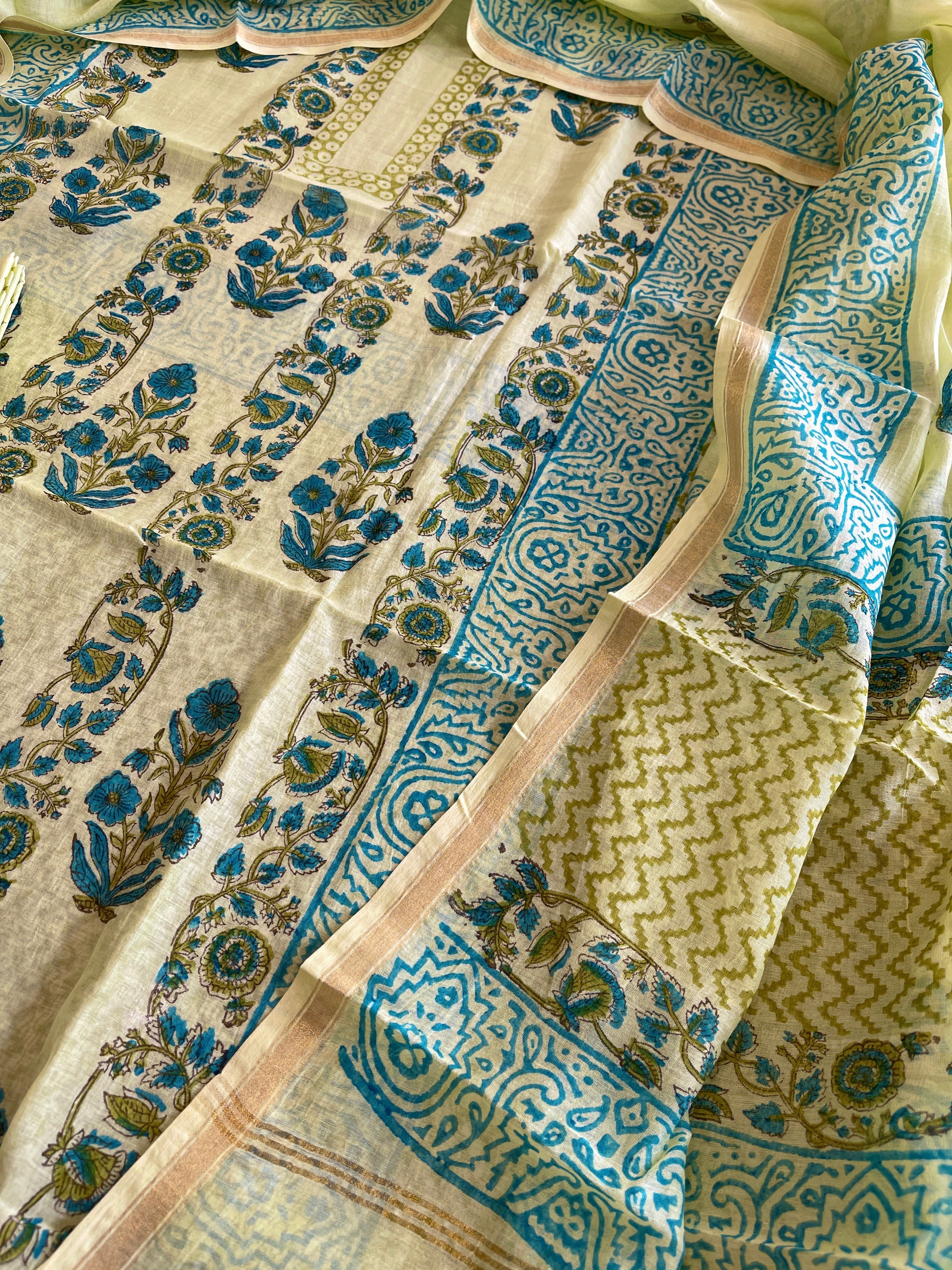 Green Handblock Printed Suit Set in Mul Cotton - Masakalee