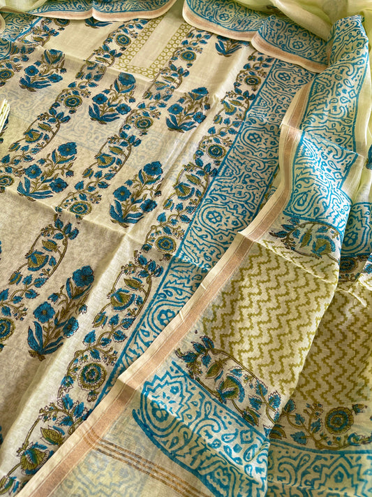 Green Handblock Printed Suit Set in Mul Cotton - Masakalee