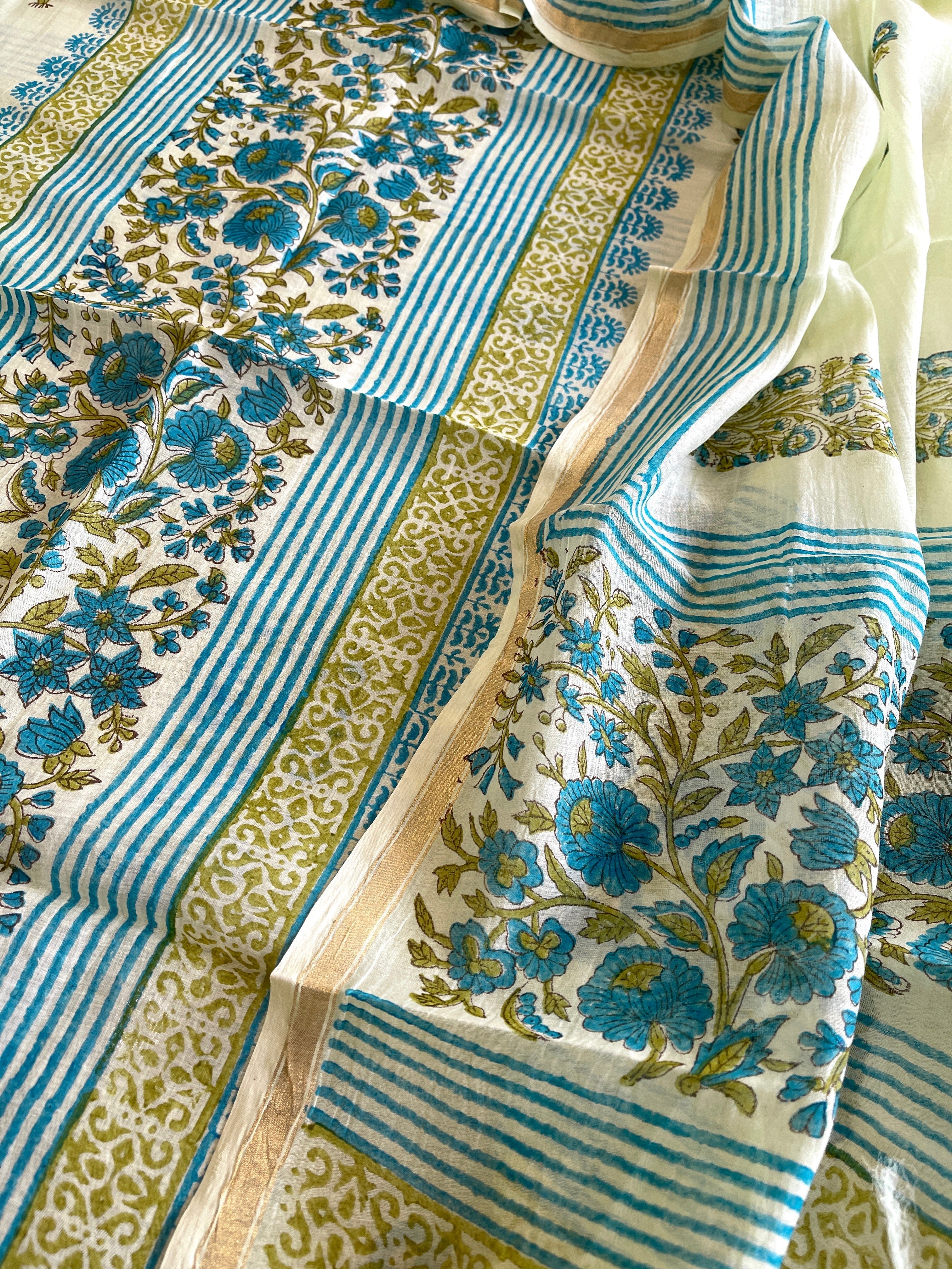 Green Handblock Printed Suit Set in Mul Cotton - Masakalee