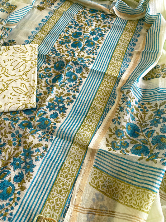 Green Handblock Printed Suit Set in Mul Cotton - Masakalee