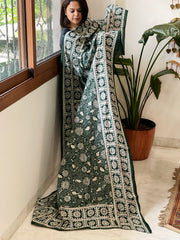 Green Handmade Nakshi Kantha Dupatta in Pure Silk - Masakalee