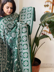 Green Handmade Nakshi Kantha Dupatta in Pure Silk - Masakalee