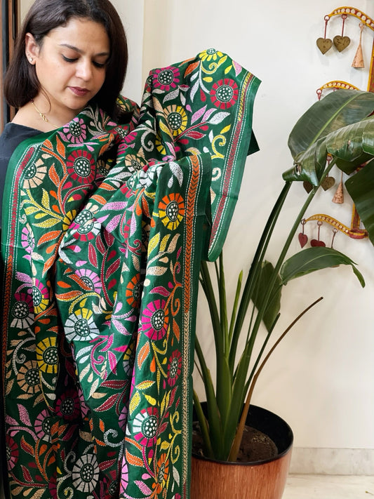 Green Handmade Nakshi Kantha Dupatta in Pure Silk - Masakalee
