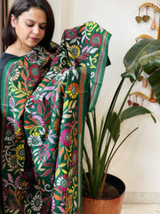 Green Handmade Nakshi Kantha Dupatta in Pure Silk - Masakalee