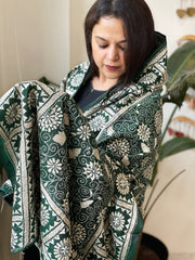 Green Handmade Nakshi Kantha Dupatta in Pure Silk - Masakalee