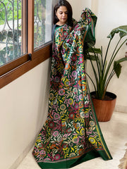 Green Handmade Nakshi Kantha Dupatta in Pure Silk - Masakalee