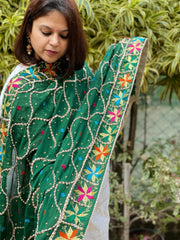 Green Handmade Phulkari Dupatta in Pure Chinon with Gota Handwork - Masakalee