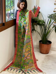Green Handpainted Kalamkari Dupatta with Thread & Mirror Handwork in Chanderi Silk - Masakalee