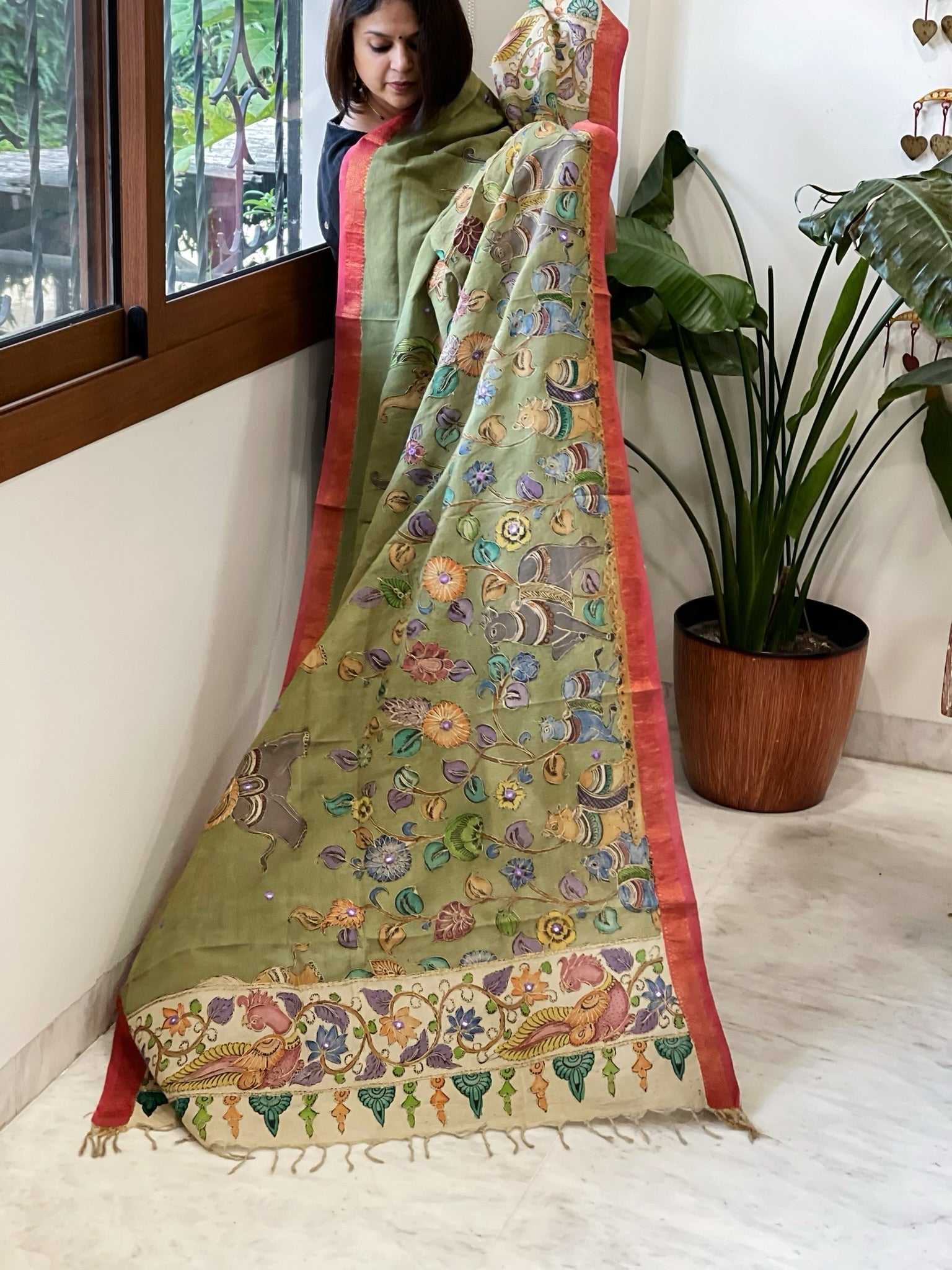Green Handpainted Kalamkari Dupatta with Thread & Mirror Handwork in Chanderi Silk - Masakalee