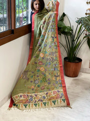 Green Handpainted Kalamkari Dupatta with Thread & Mirror Handwork in Chanderi Silk - Masakalee