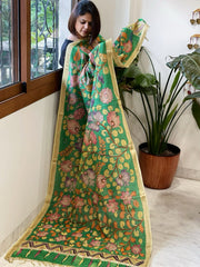 Green Handpainted Kalamkari Dupatta with Thread & Mirror Handwork in Chanderi Silk - Masakalee