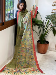 Green Handpainted Kalamkari Dupatta with Thread & Mirror Handwork in Chanderi Silk - Masakalee