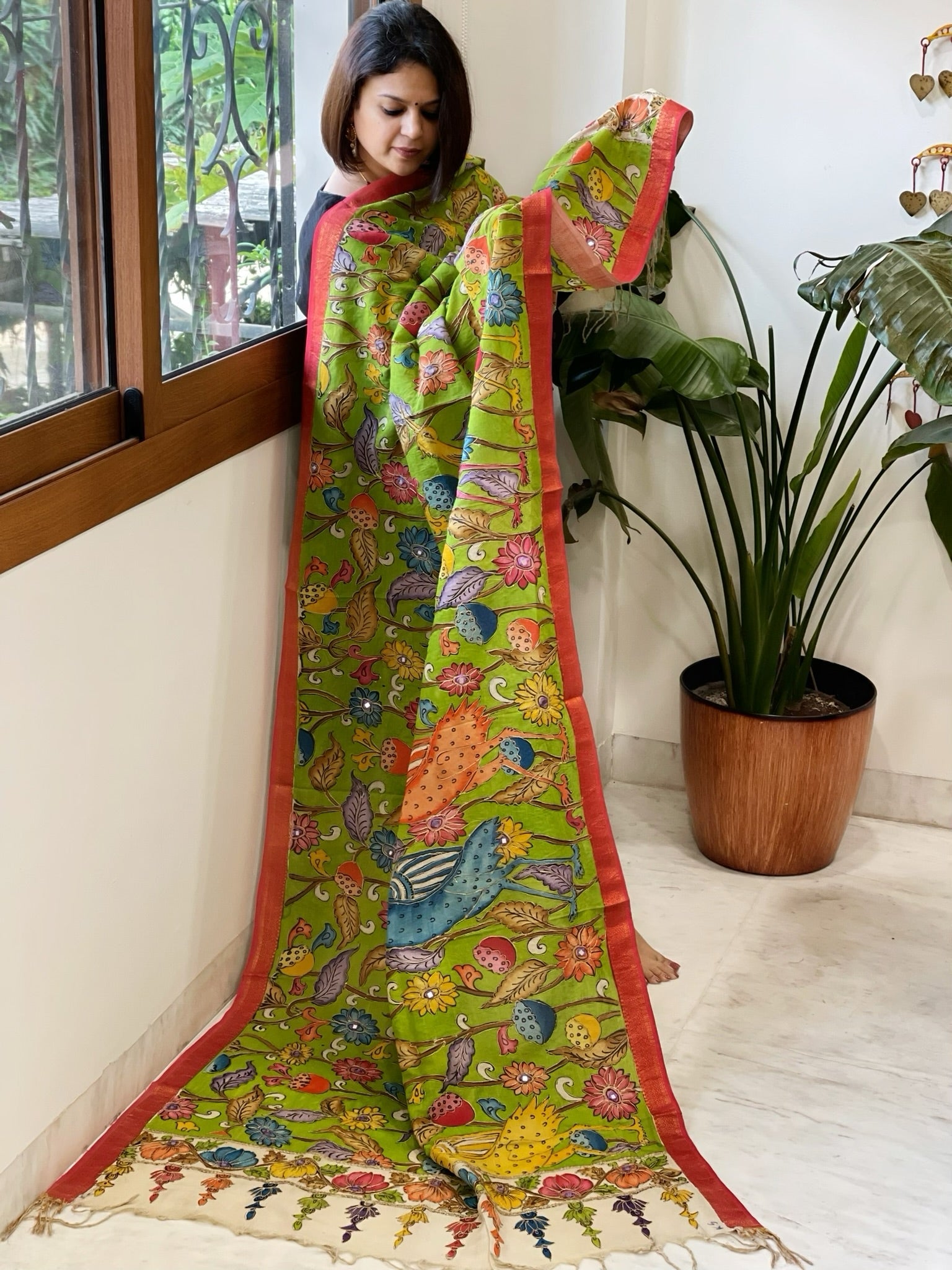 Green Handpainted Kalamkari Dupatta with Thread & Mirror Handwork in Chanderi Silk - Masakalee