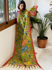 Green Handpainted Kalamkari Dupatta with Thread & Mirror Handwork in Chanderi Silk - Masakalee
