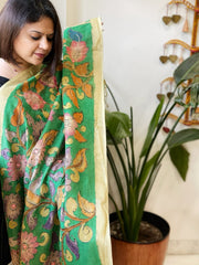 Green Handpainted Kalamkari Dupatta with Thread & Mirror Handwork in Chanderi Silk - Masakalee