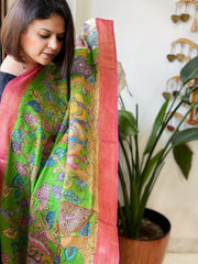 Green Handpainted Kalamkari Dupatta with Thread & Mirror Handwork in Chanderi Silk - Masakalee