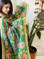 Green Handpainted Kalamkari Dupatta with Thread & Mirror Handwork in Chanderi Silk - Masakalee