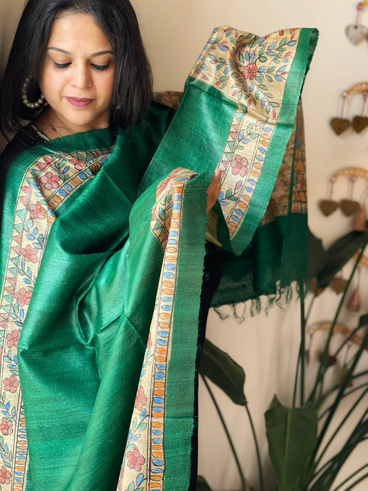 Green Handpainted Madhubani Dupatta in Pure Tussar Silk - Masakalee
