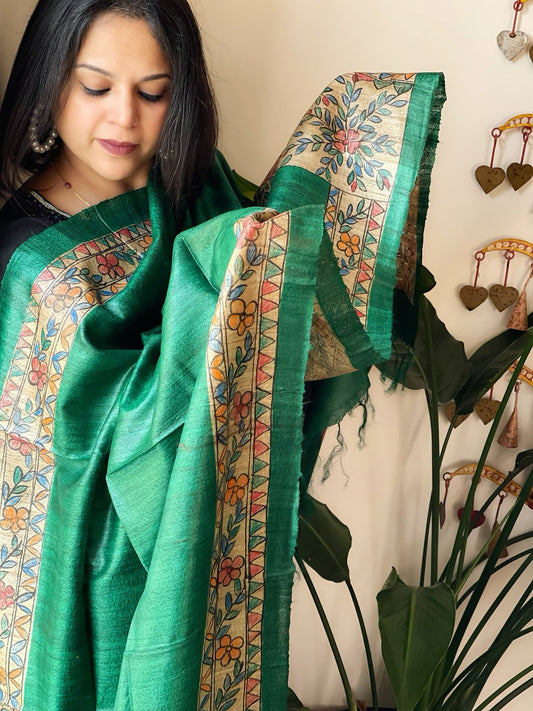 Green Handpainted Madhubani Dupatta in Pure Tussar Silk - Masakalee