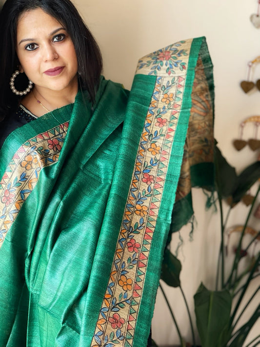 Green Handpainted Madhubani Dupatta in Pure Tussar Silk - Masakalee