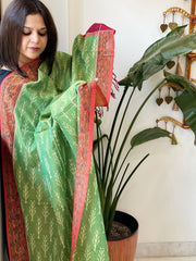 Green Handwoven Ikat Dupatta with Handpainted Madhubani in Cotton - Masakalee