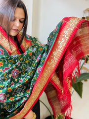 Green Handwoven Ikat Patola with Gotapatti & Pearl Handwork dupatta in Pure Silk - Masakalee
