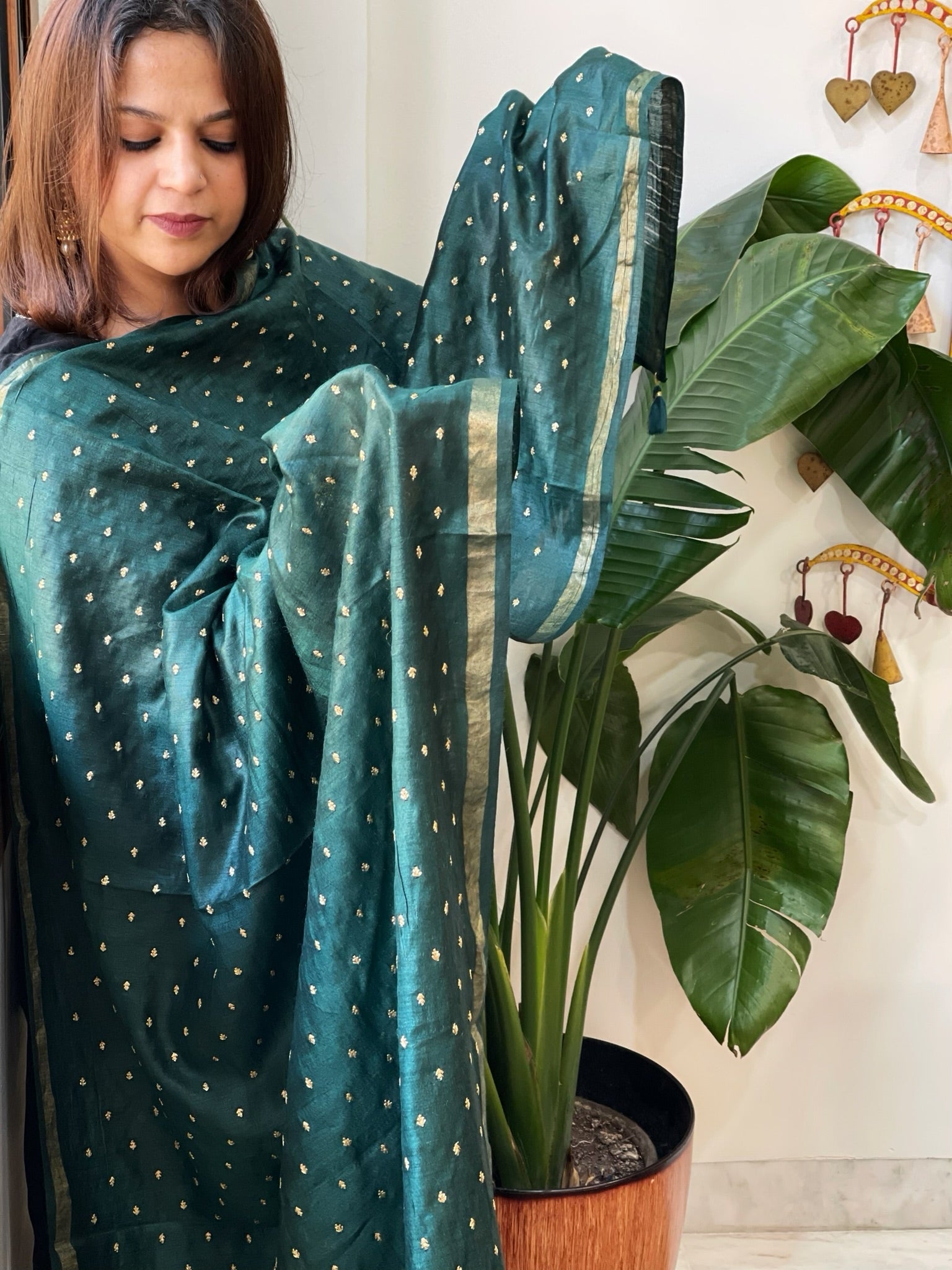 Green Handwoven Muga Silk dupattas with Hand Embroidery - Masakalee