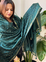 Green Handwoven Muga Silk dupattas with Hand Embroidery - Masakalee