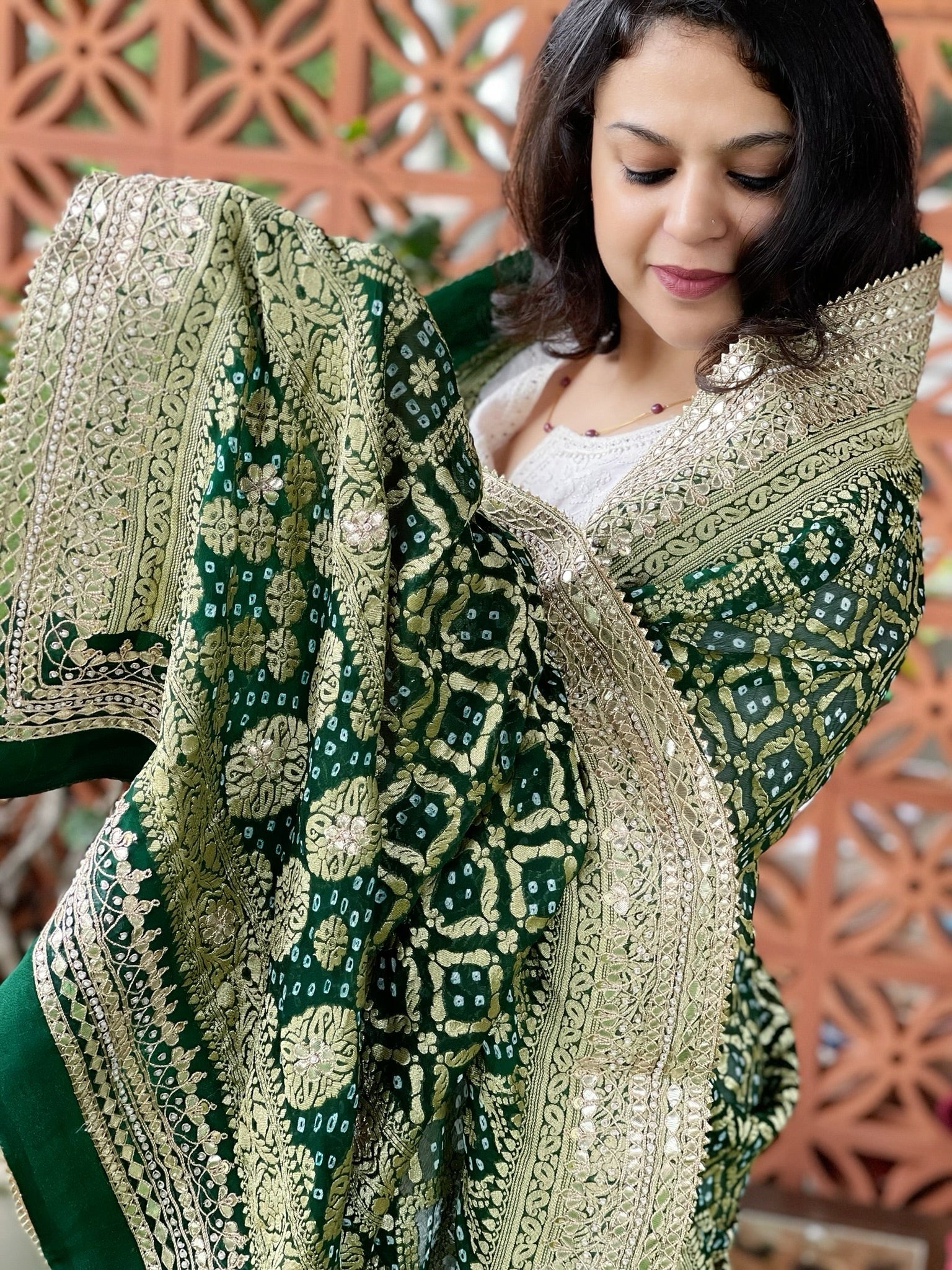 Green Handwoven NeemZari Bareek Bandhani with Gotapatti Handwork in Pure Georgette - Masakalee