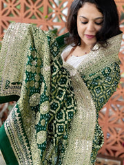 Green Handwoven NeemZari Bareek Bandhani with Gotapatti Handwork in Pure Georgette - Masakalee