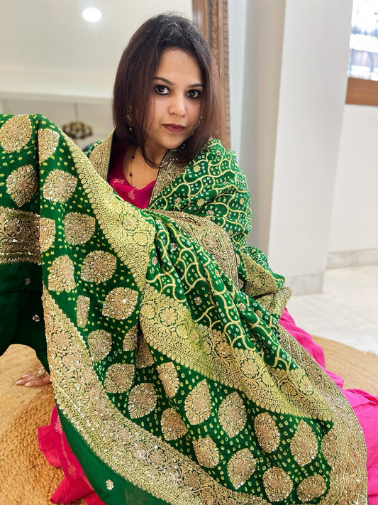 Green Handwoven NeemZari Bareek Bandhani with Meenakari and Dabka Handwork in Pure Georgette - Masakalee